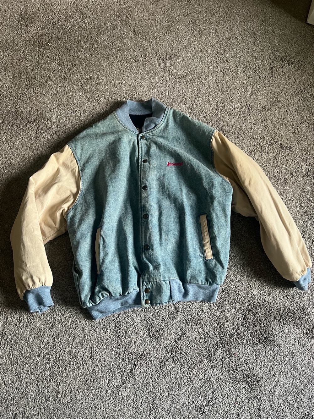 Vintage 90s Nutrament Denim Varsity Bomber Jacket USA Made XL